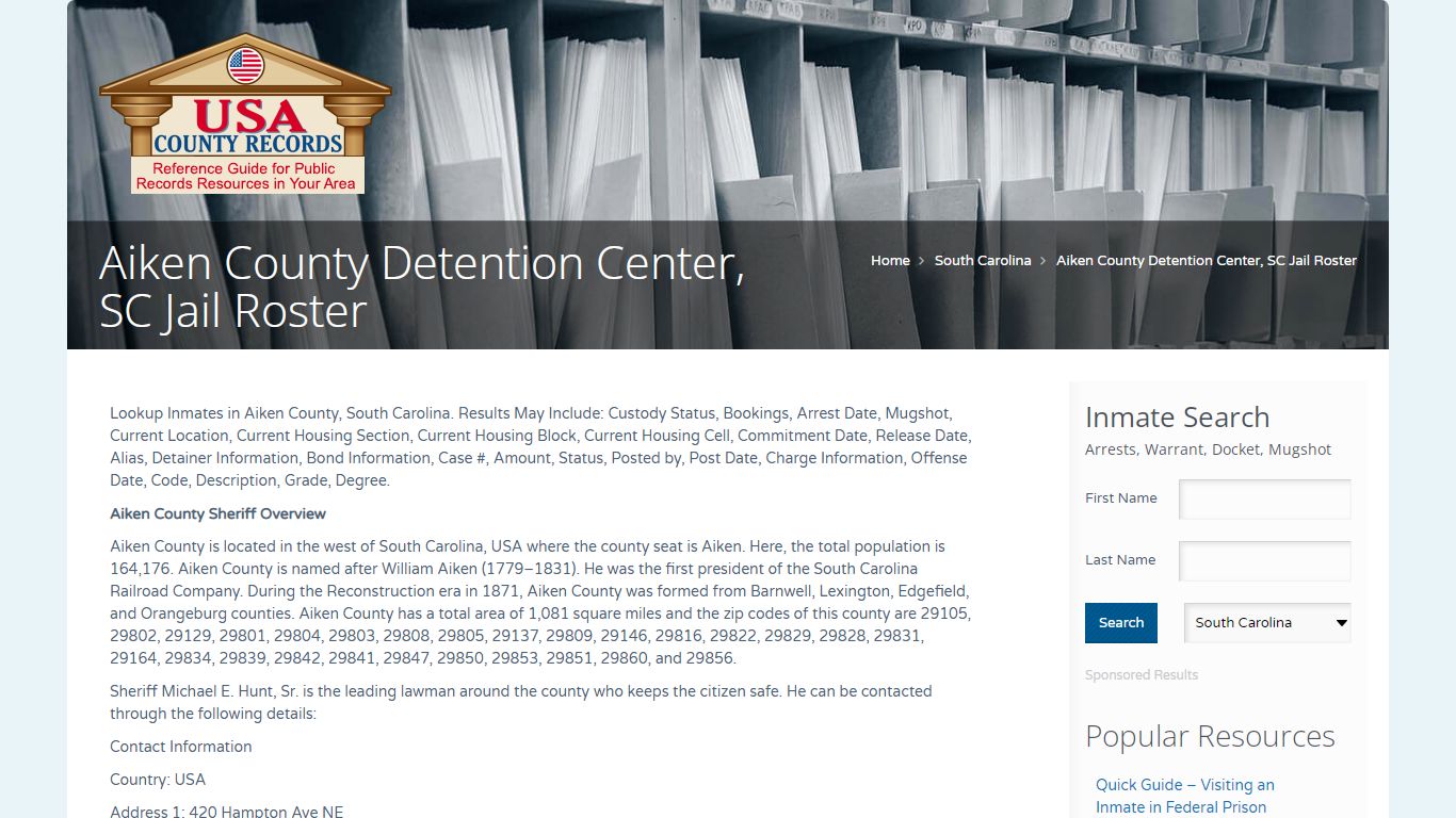 Aiken County Detention Center, SC Jail Roster | Name Search