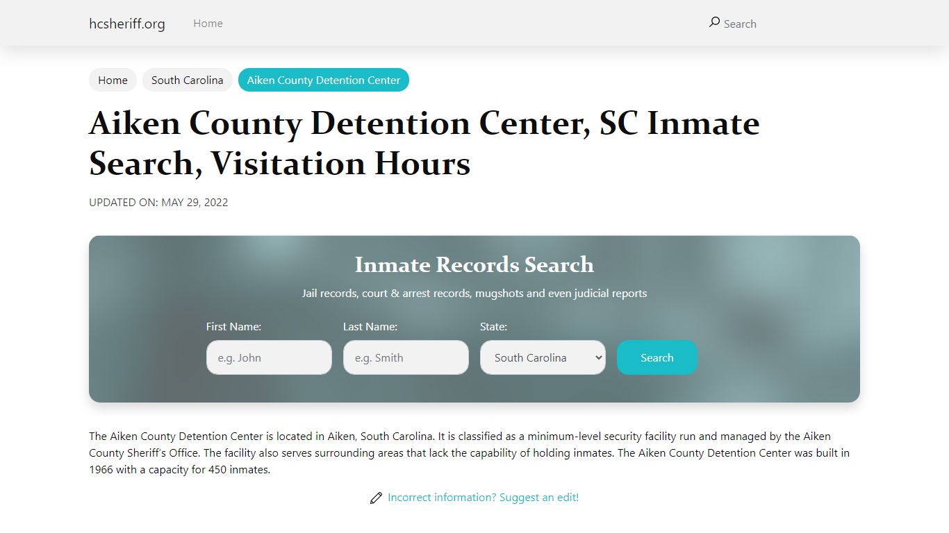 Aiken County Detention Center, SC Inmate Search ...